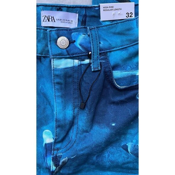 NWT Zara Straight Fit High Rise Regular Length Printed Jeans in Blue, Size 0 & 4 - Picture 11 of 16